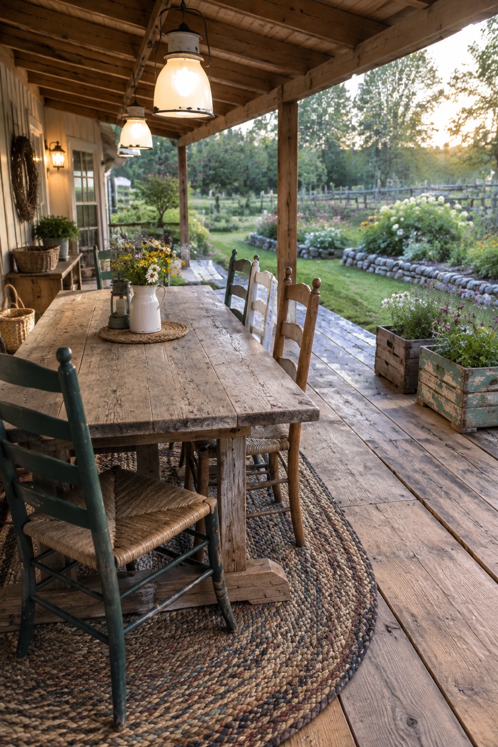 A wooden dining table and chairs sit on a covered deck beside a garden.