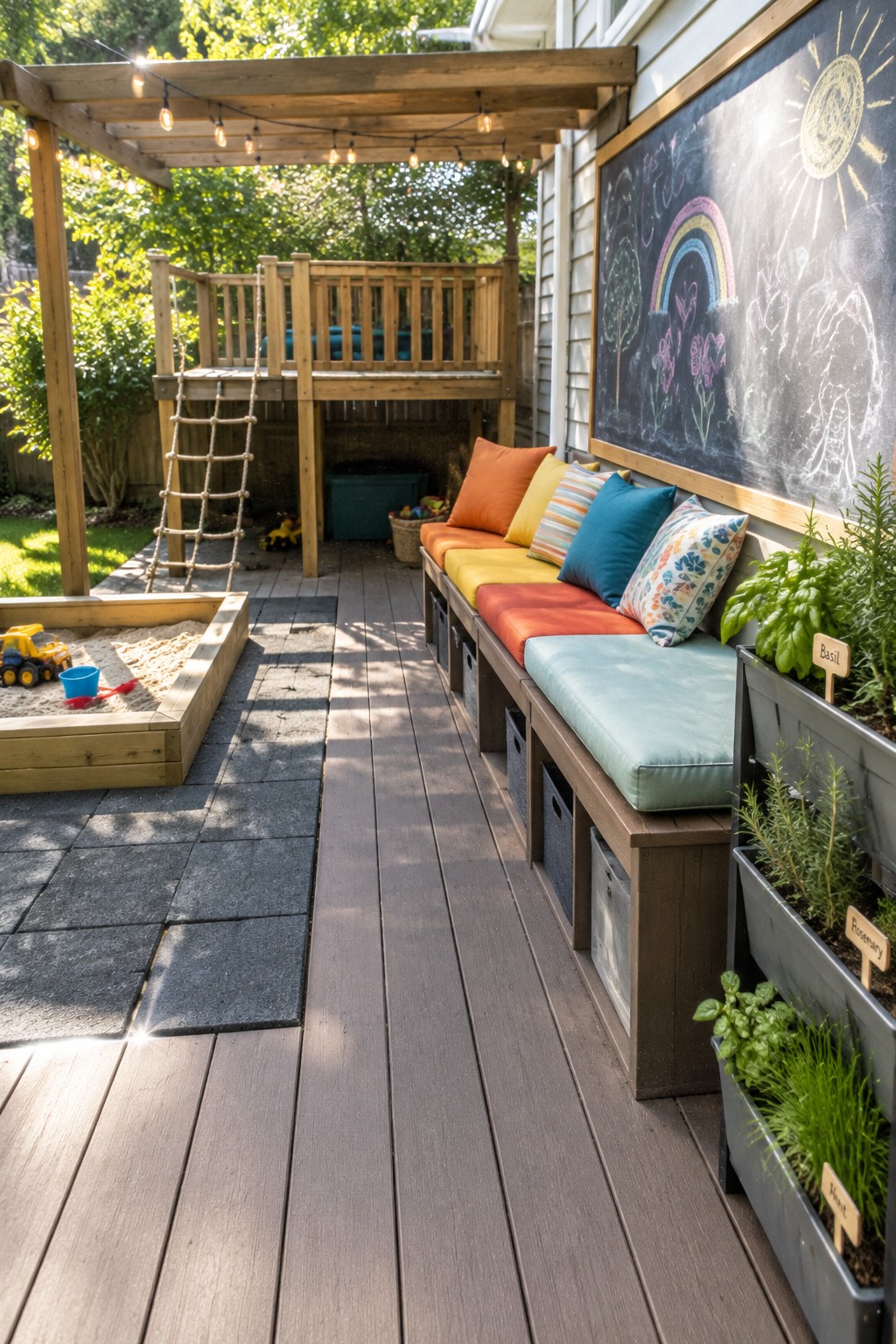 A wooden garden deck has a built-in bench with colorful cushions, a sandbox, a raised play platform, and planters beside a chalkboard wall.