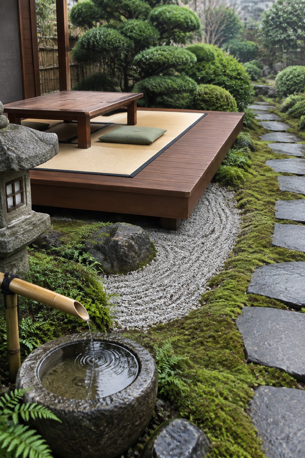 A raised wooden deck with a low table and cushion sits beside a gravel garden path, moss, stepping stones, and a bamboo water spout.