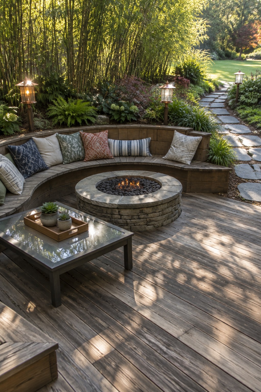 A curved wooden bench with patterned cushions surrounds a round stone fire pit on a deck.