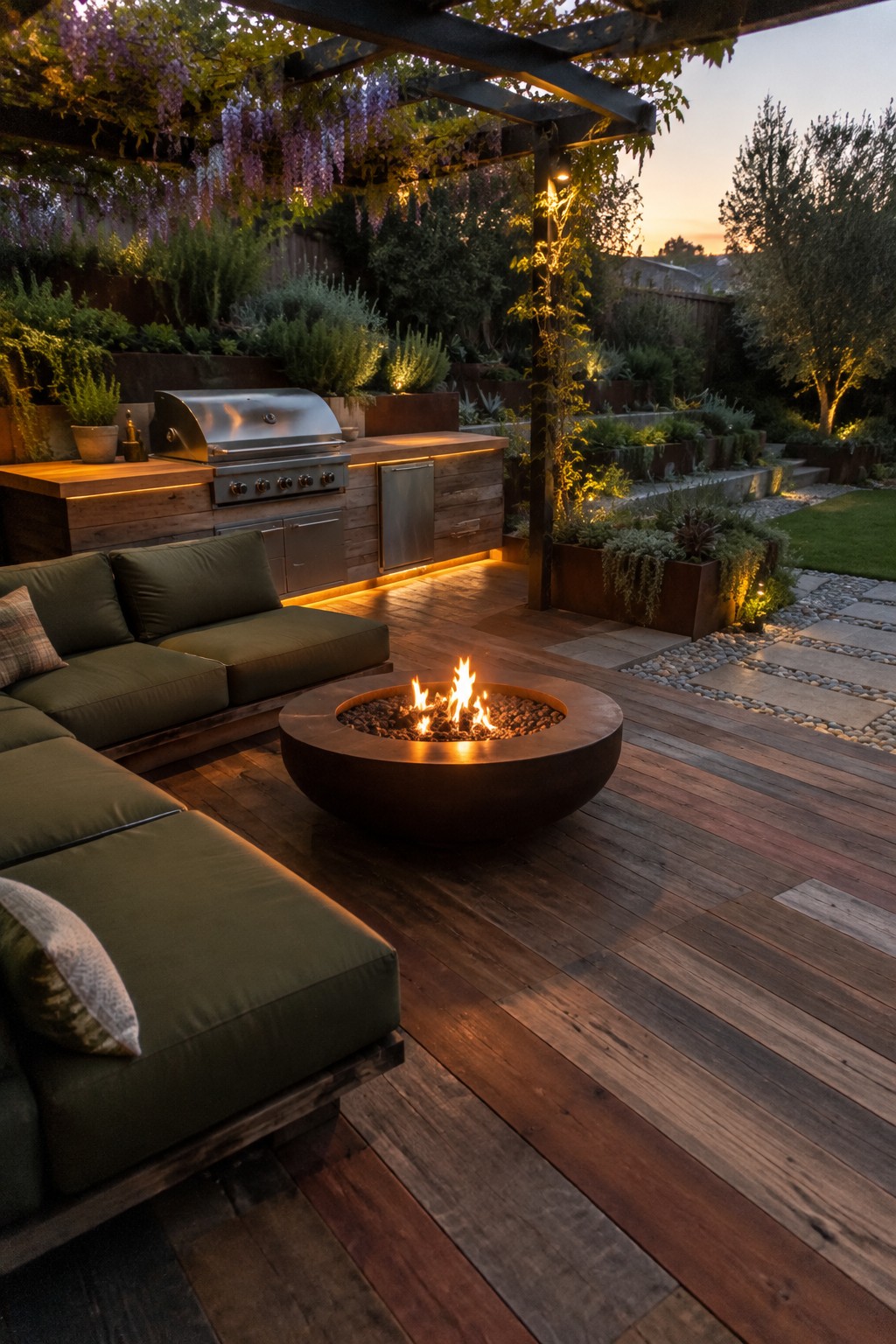 A round fire pit sits on a wood deck beside a green outdoor sofa and a built-in grill counter.