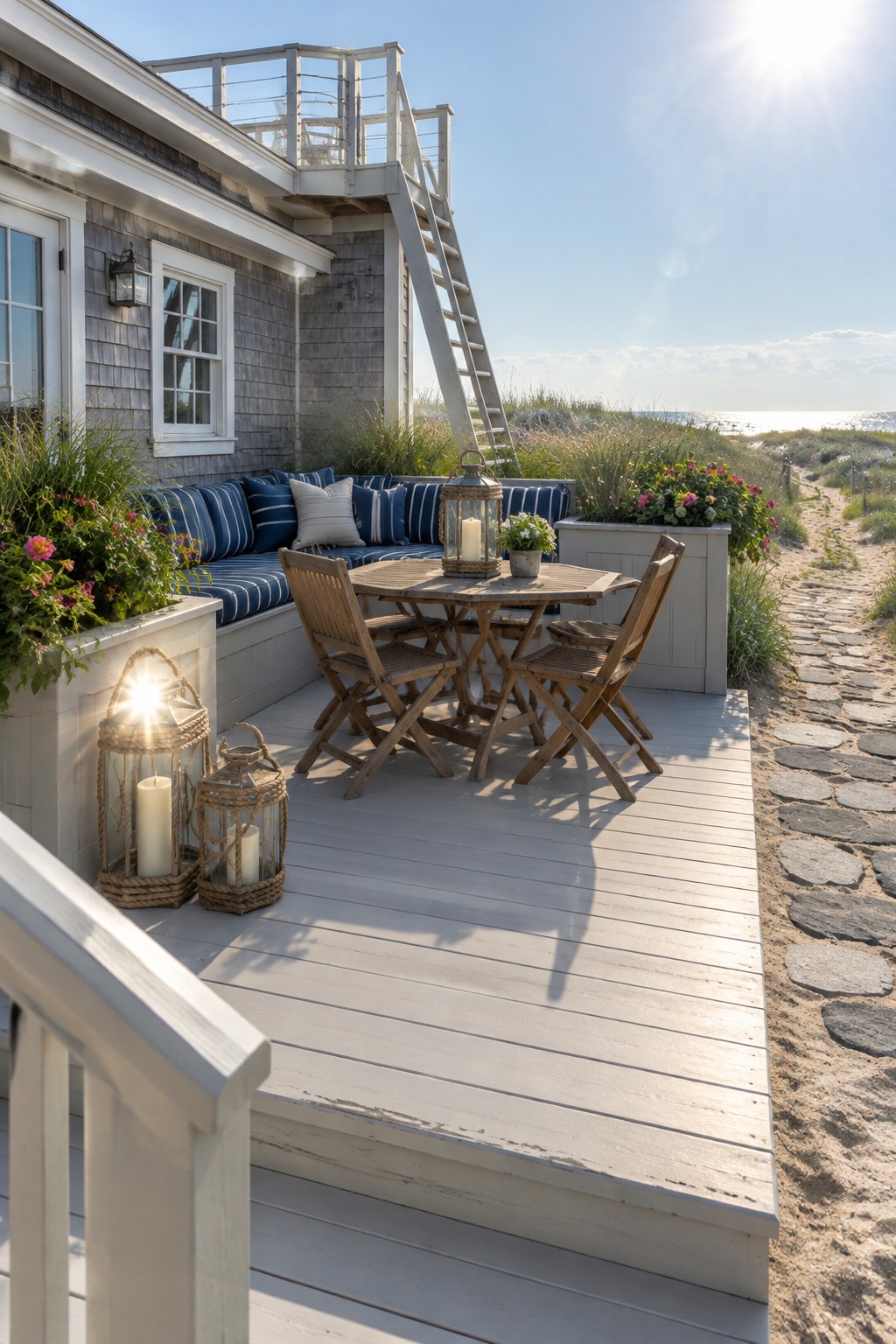 A pale wood deck beside a coastal cottage has a wooden dining table, folding chairs, a blue striped built-in bench, and flower planters.