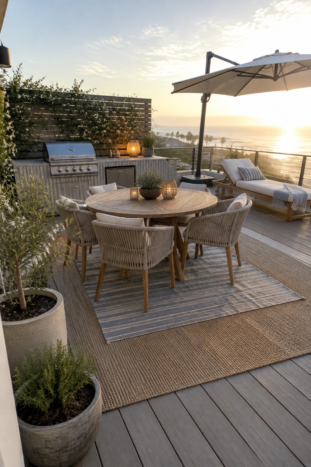 A round wooden dining table and woven chairs sit on a deck beside an outdoor kitchen and lounge chairs.