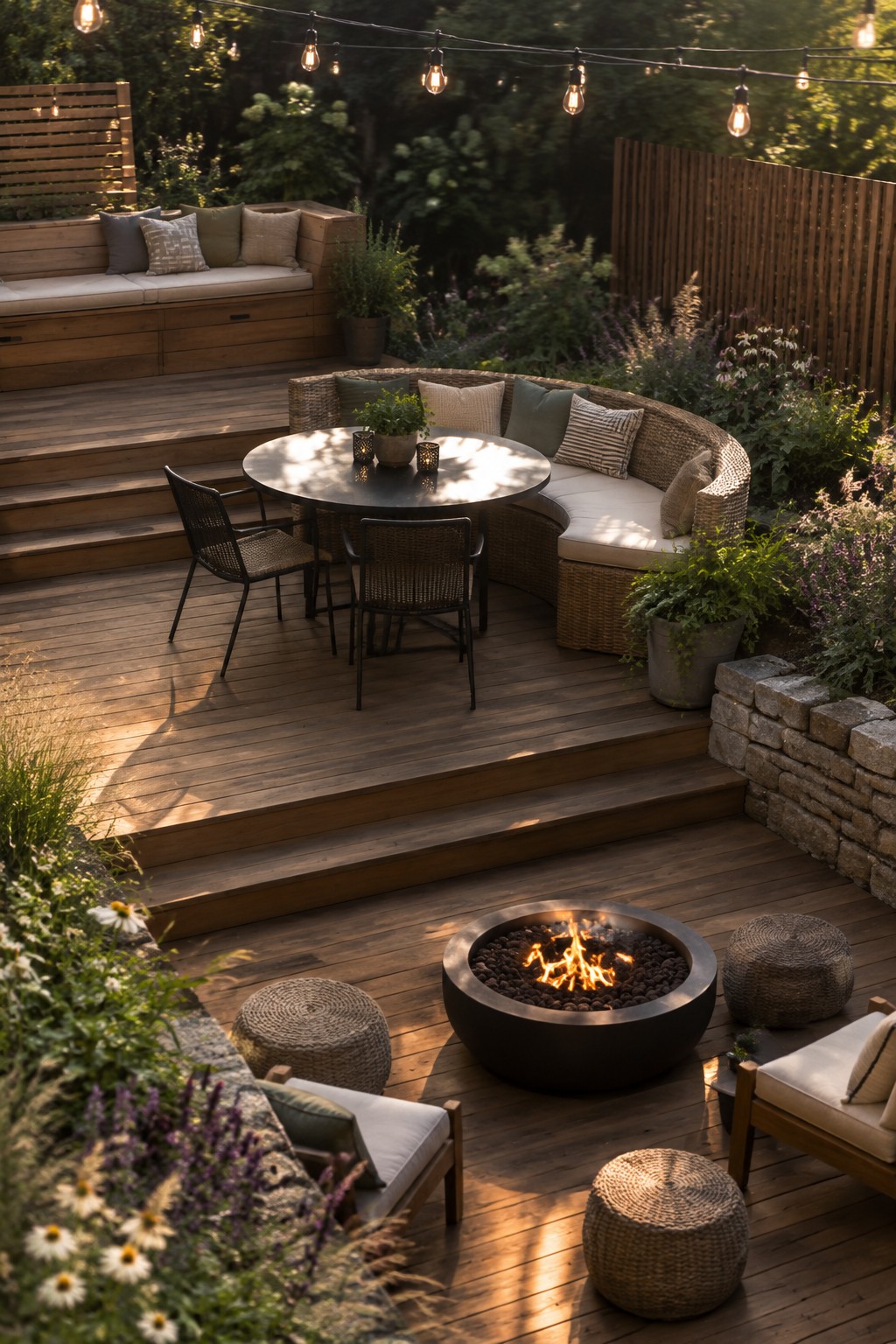 A tiered wooden deck has a dining area with a curved sofa on the upper level and a fire pit with lounge seating below.