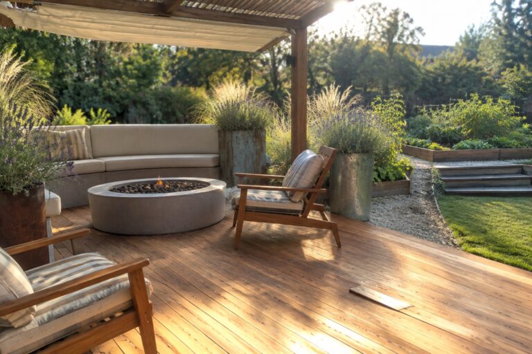 20 Creative Patio Garden Decking Ideas for Warm and Functional Garden Areas A round concrete fire pit sits on a wooden deck between cushioned outdoor chairs beneath a pergola.