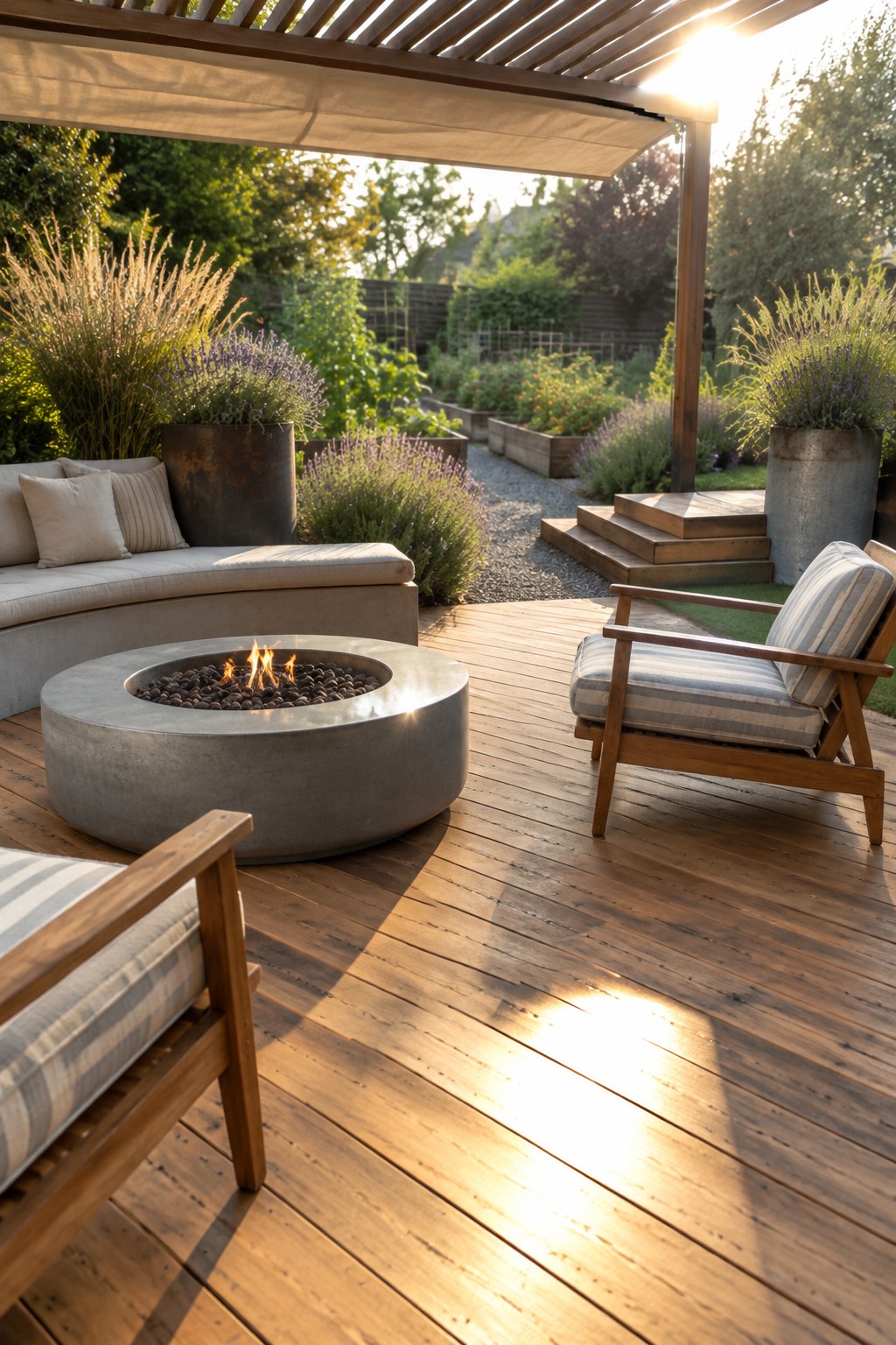 A round concrete fire pit sits on a wooden deck between cushioned outdoor chairs beneath a pergola.