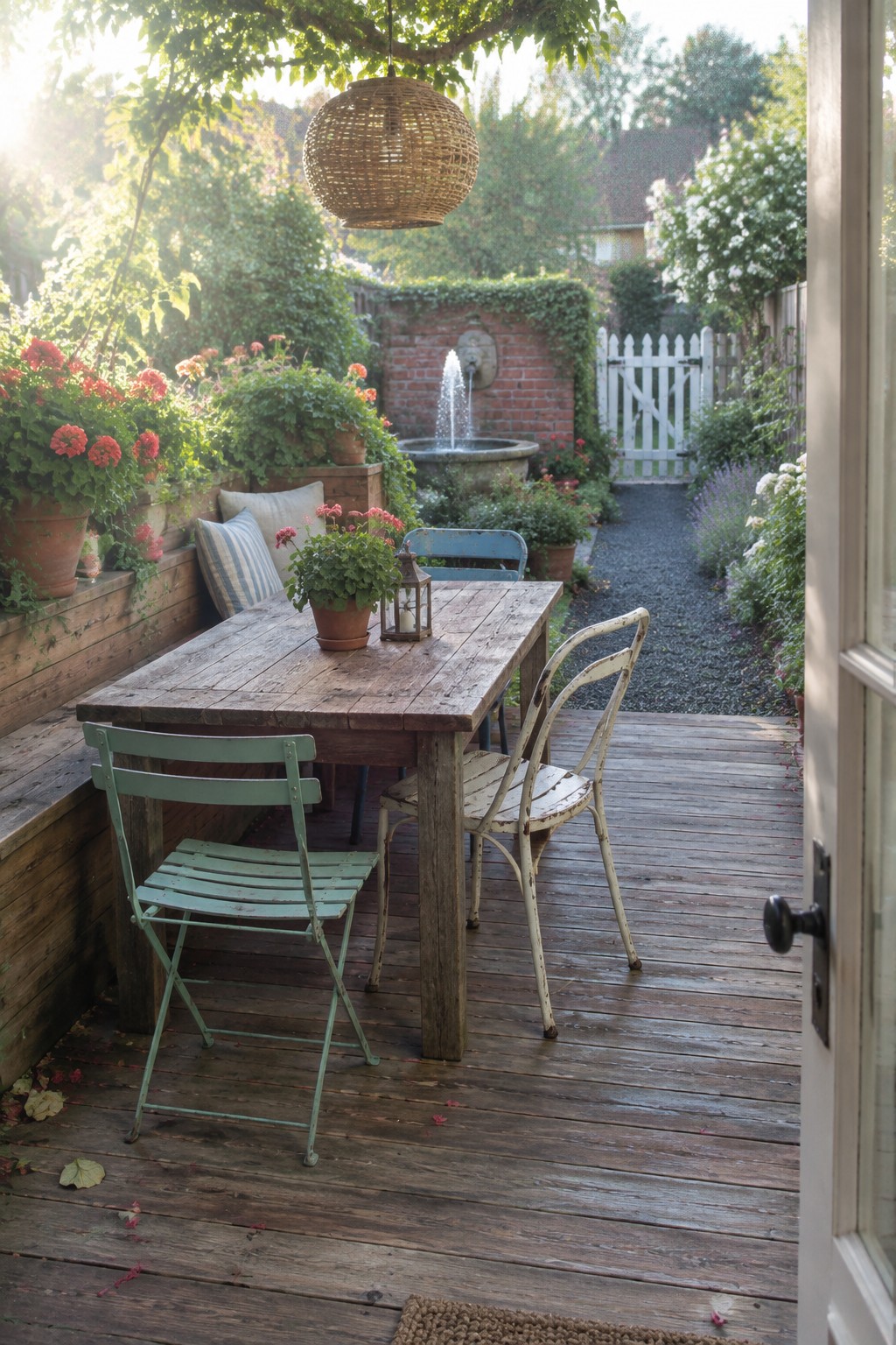 A wooden deck with a dining table, folding chairs, potted flowers, and a garden fountain beyond.