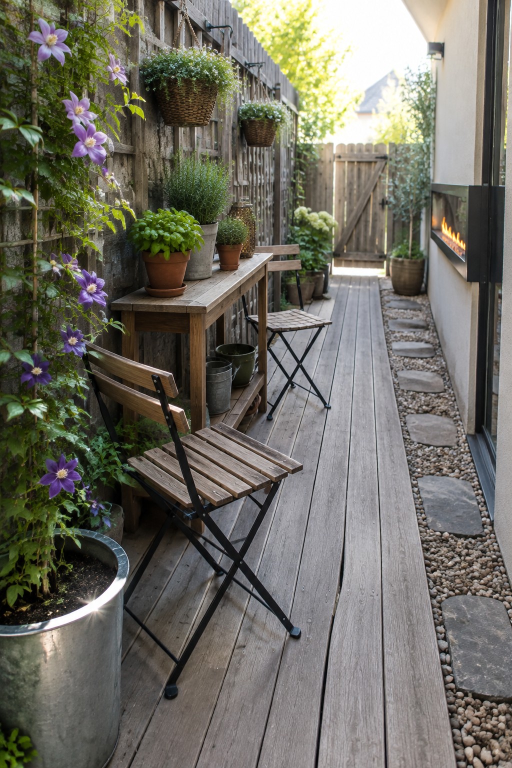 A narrow wooden deck runs between a house and a wooden fence, with folding chairs, potted plants, and a small table.
