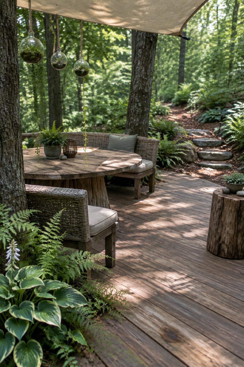 A round wooden table and wicker seating sit on a deck beneath a canopy, surrounded by woodland plants.