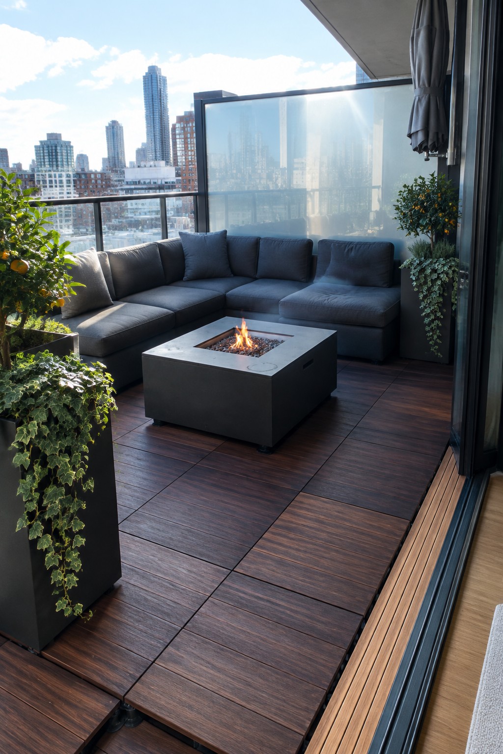 A city balcony with dark wood decking, a gray sectional sofa, planters, and a square fire pit.