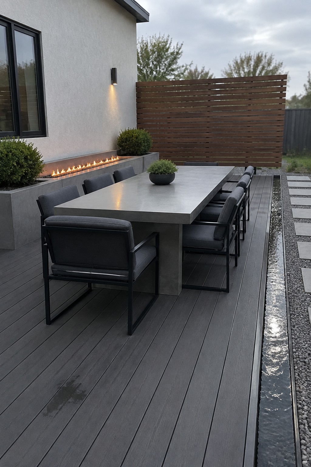 A long concrete dining table and dark cushioned chairs sit on charcoal decking beside a built-in linear gas fire feature.