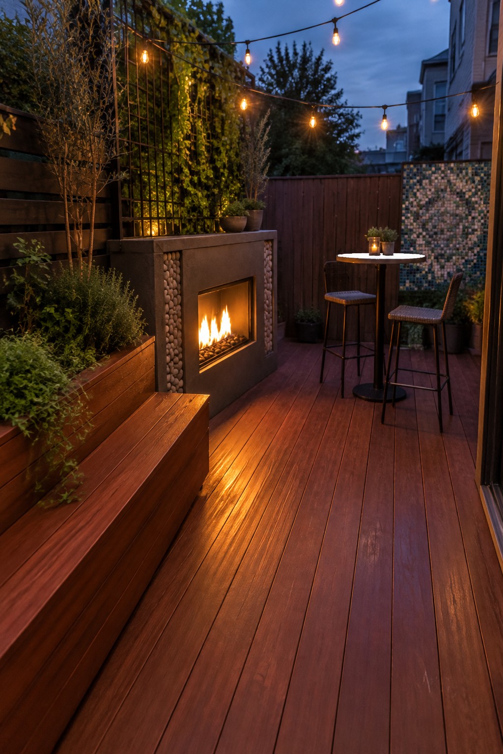 A narrow wooden deck with a built-in fireplace, raised planters, string lights, and a small table with two chairs.