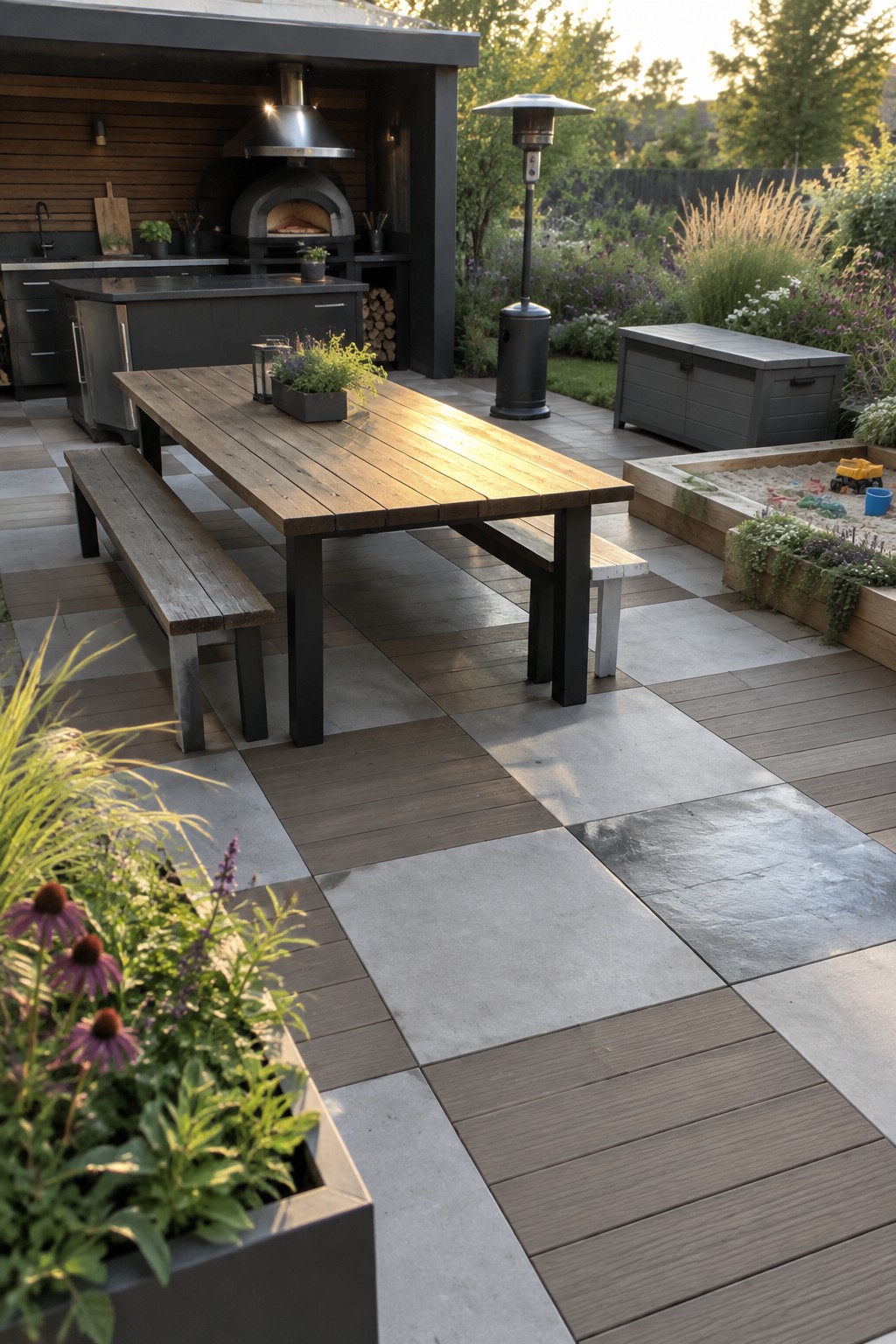 A wooden outdoor dining table sits on a patio paved with alternating wood-look boards and large gray tiles.