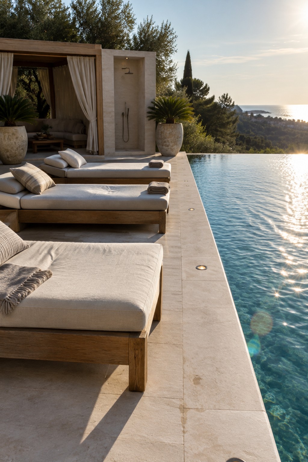 Stone paving runs beside an infinity pool, with cushioned wooden loungers and a covered seating area.