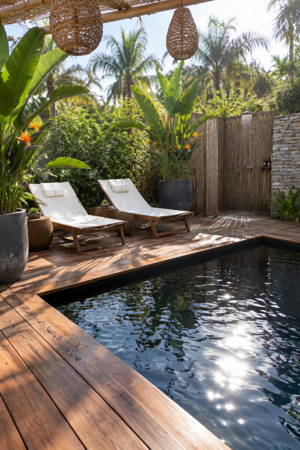 A wooden deck borders a small pool beside two loungers, tropical plants, a bamboo fence, and woven pendant shades.