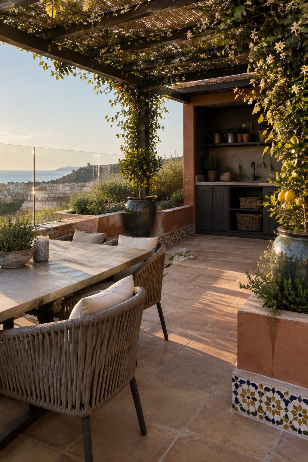 A tiled patio with a dining table, woven chairs, and a built-in outdoor kitchen beneath a vine-covered pergola.