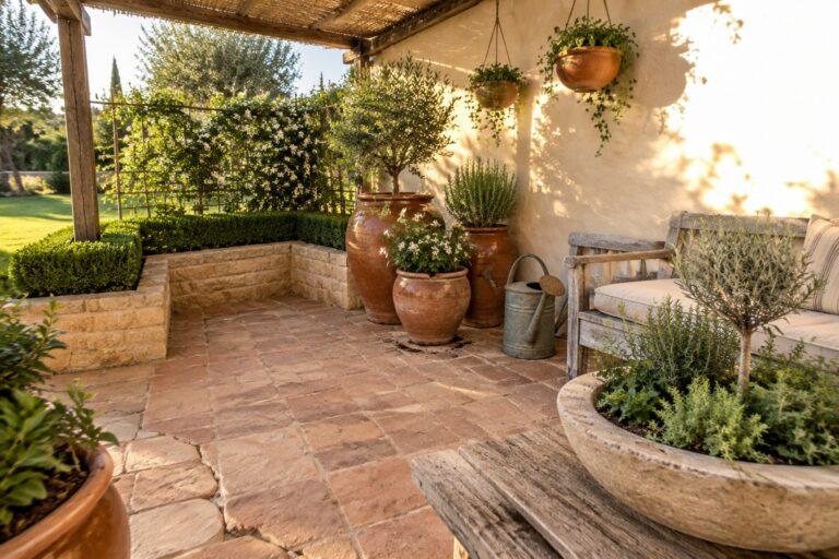20 Creative Patio Garden Planter Ideas Using Pots, Boxes, and Raised Beds Terracotta pots filled with greenery line a brick patio beside a wooden bench and raised stone planters.