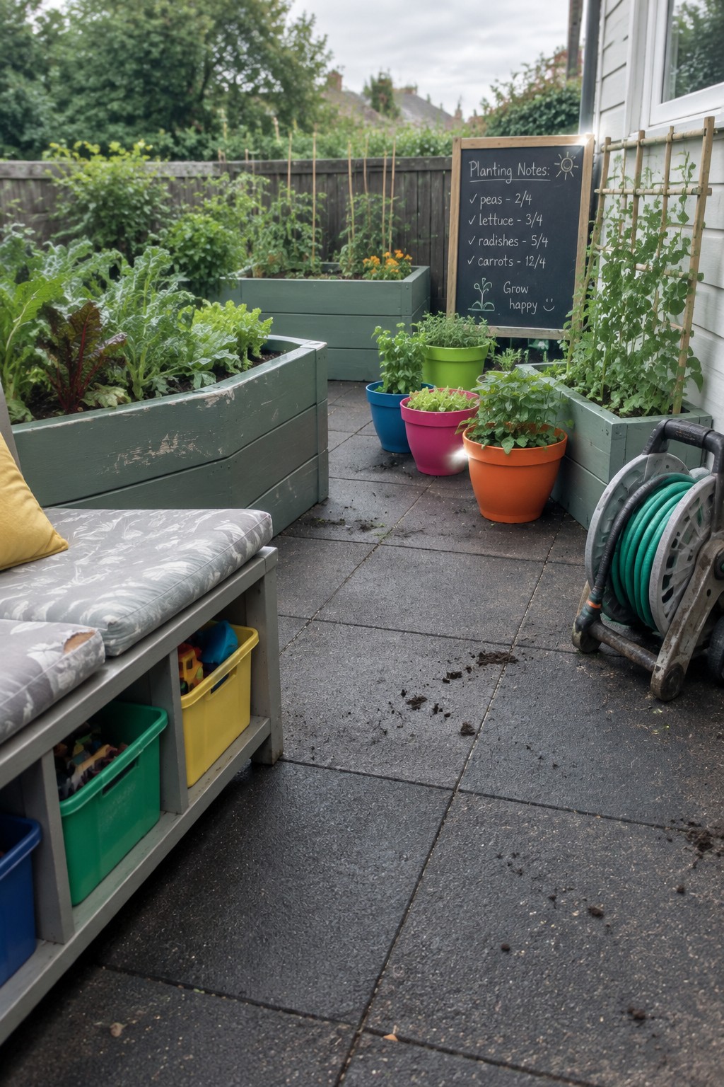 A paved patio garden with raised beds, colorful pots of leafy plants, a trellis, and a chalkboard planting list.