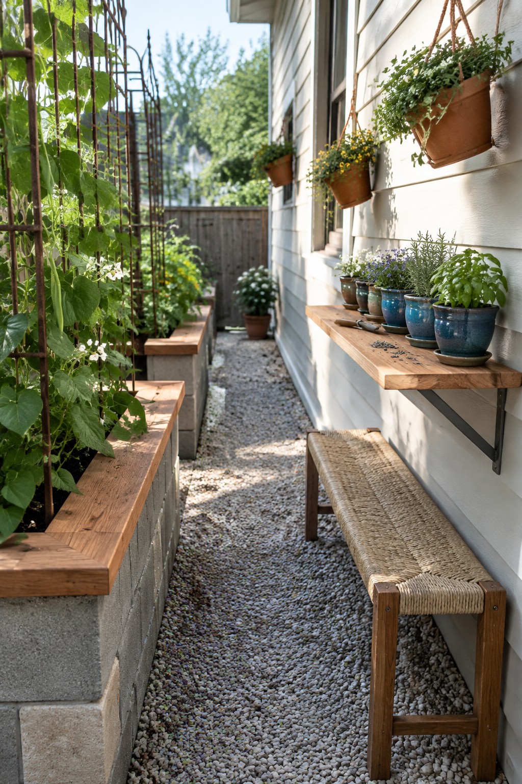 A narrow gravel side yard has raised beds with climbing plants and a wooden shelf holding potted herbs beside the house.