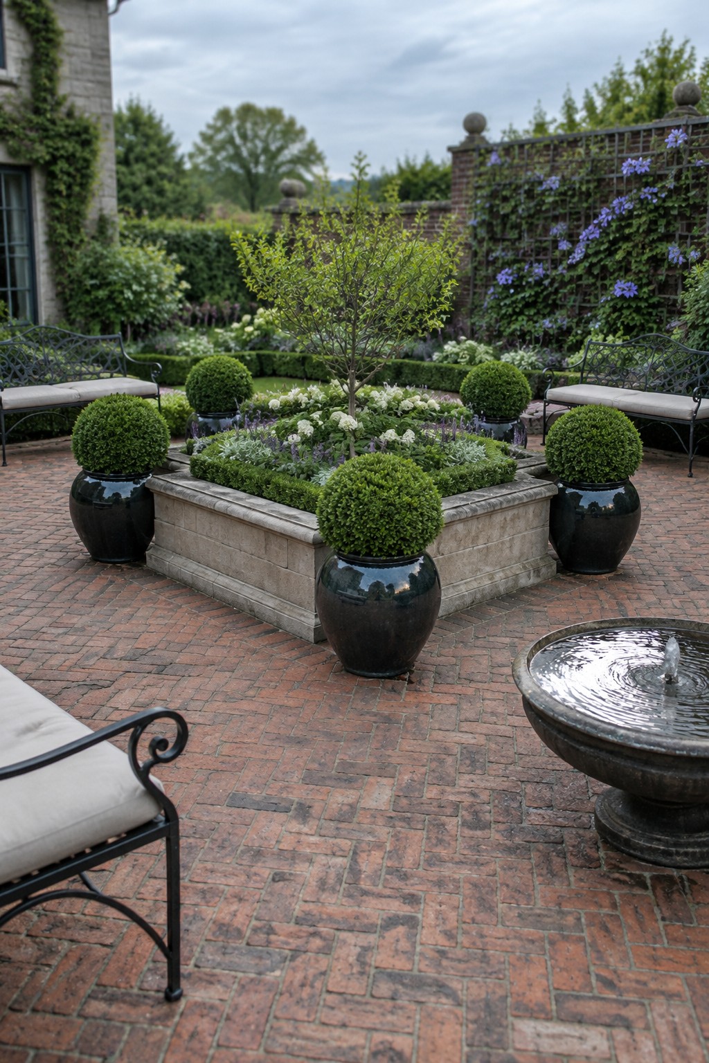 A square stone raised bed filled with flowers and a small tree sits in the center of a brick patio, surrounded by potted shrubs and benches.