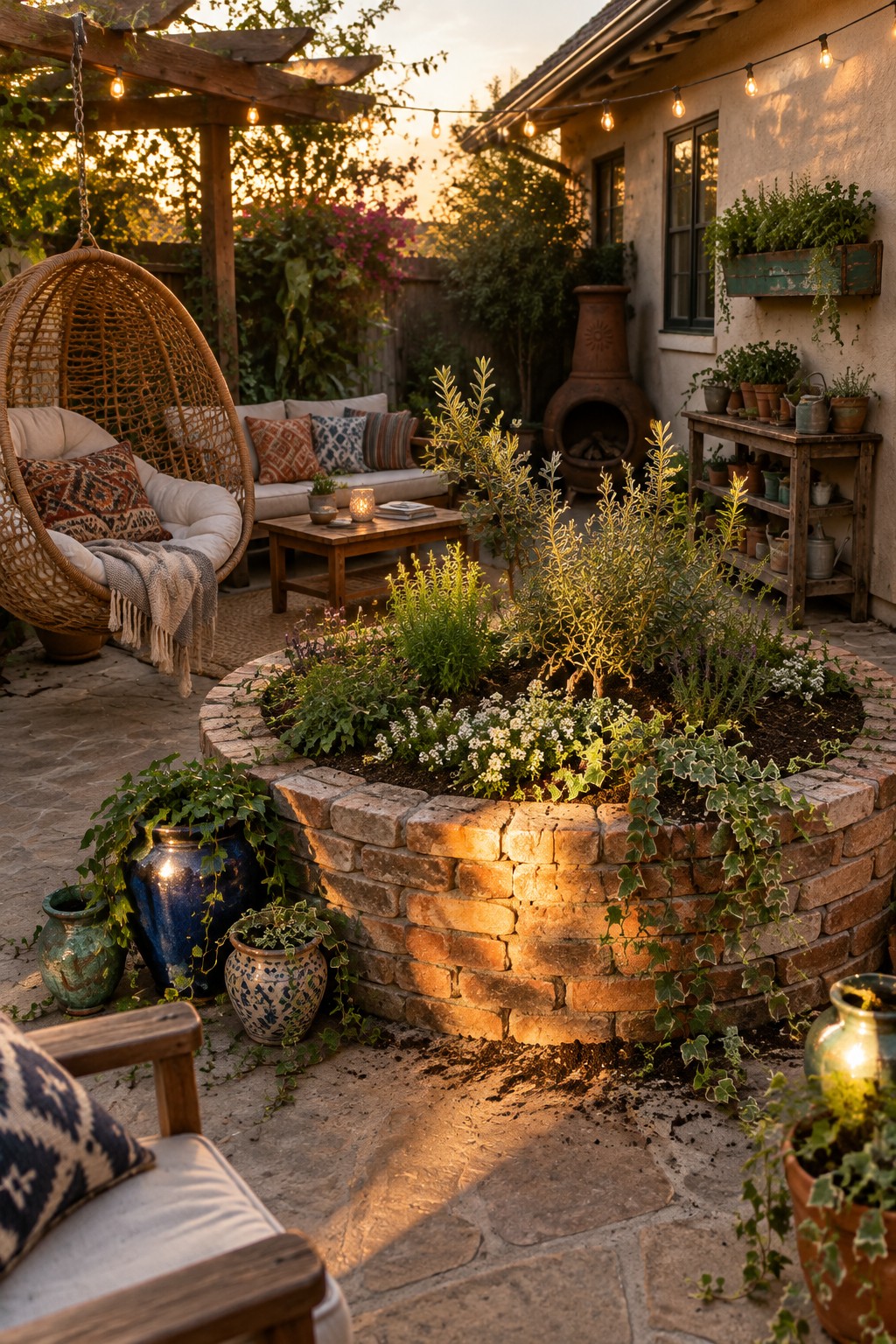 A low, circular brick raised bed filled with flowering plants sits on a stone patio beside outdoor seating.
