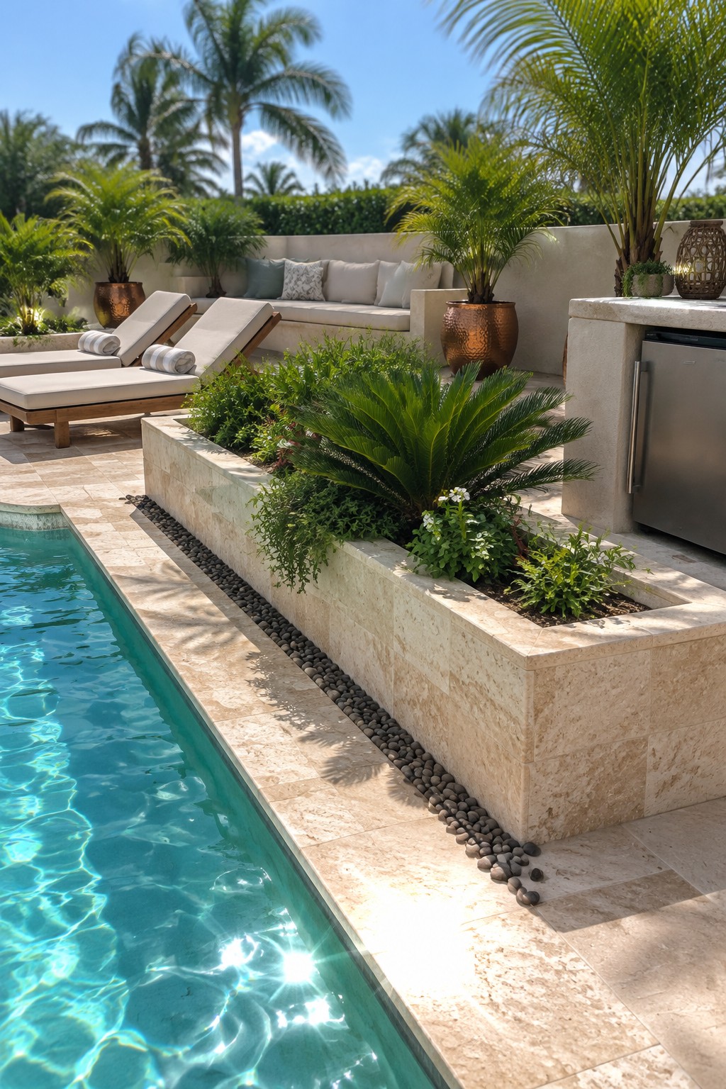A long stone raised bed filled with tropical plants sits beside a swimming pool and tiled patio.
