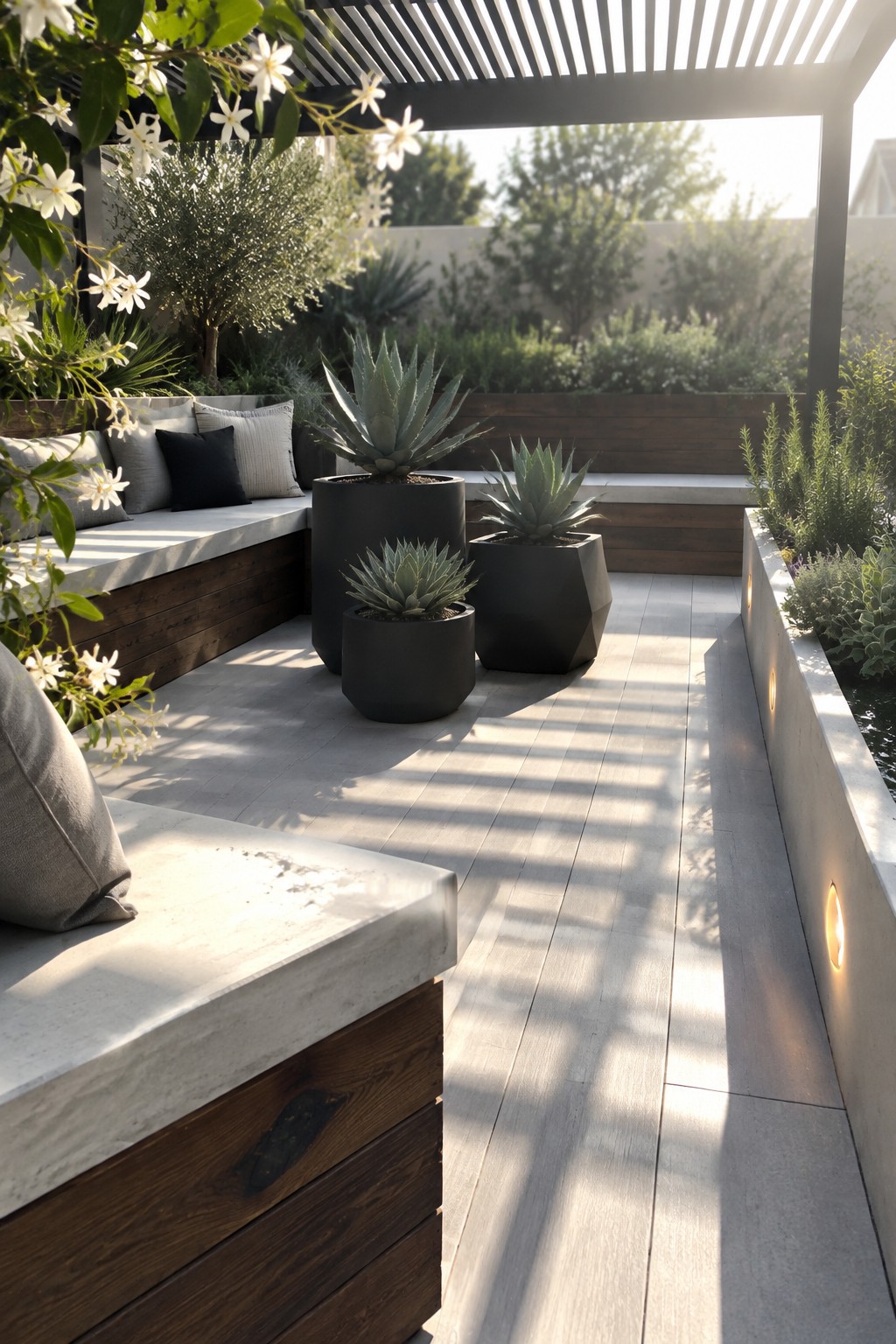 Three dark pots with succulents sit beside built-in seating on a paved patio under a slatted pergola.