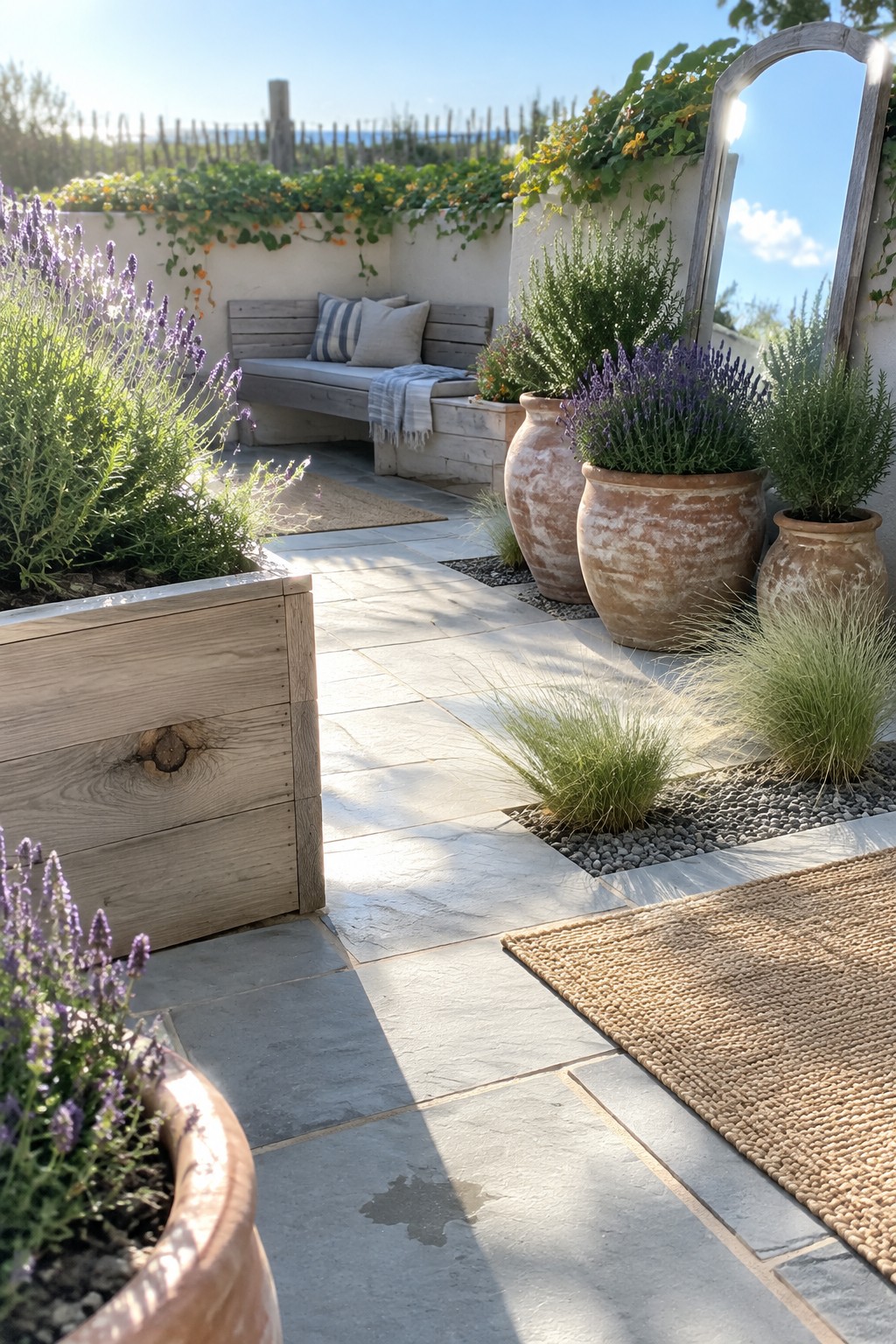 Large terracotta pots filled with lavender and greenery sit beside a stone patio path near a wooden bench.