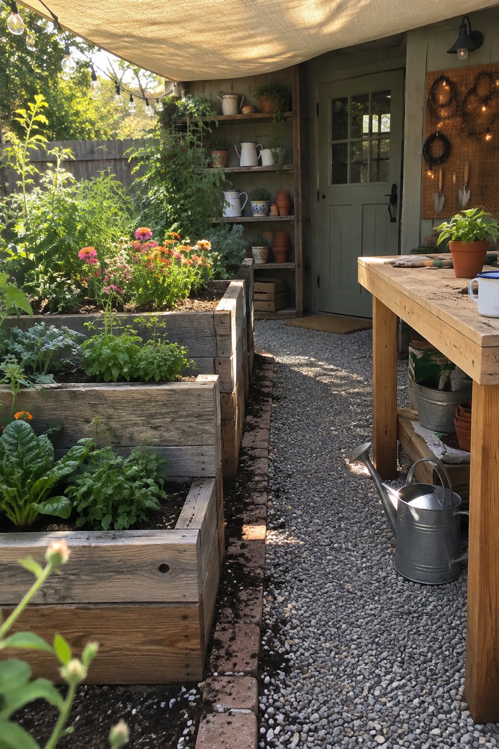 Wooden raised garden beds filled with leafy plants and flowers line a gravel path beside a garden shed.