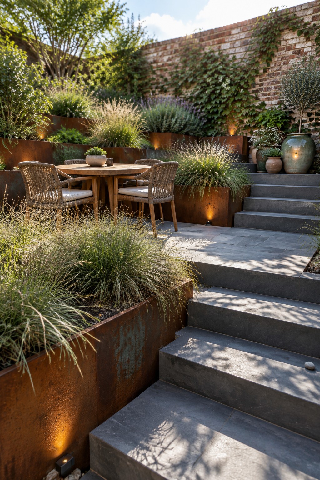 Rust-colored raised planters filled with ornamental grasses sit beside wide stone steps leading to a patio dining area.