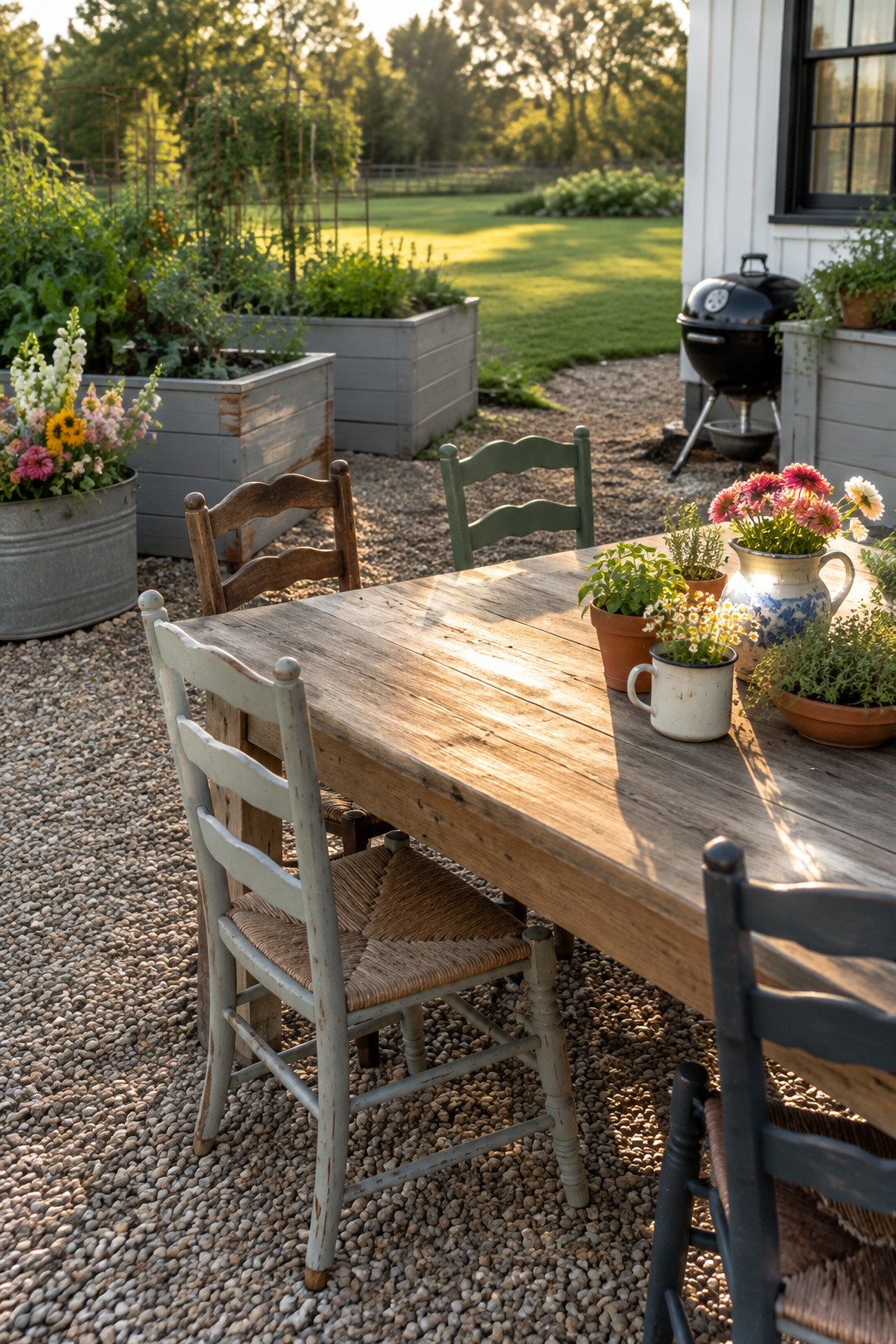 Wooden raised garden beds filled with plants sit beside a gravel patio with a wooden dining table and chairs.