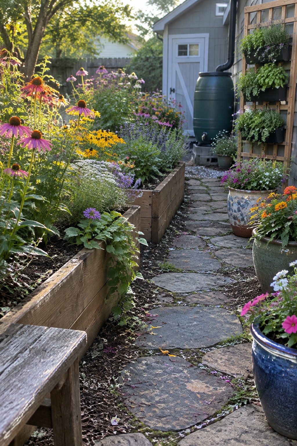 A stone path runs between wooden raised beds filled with flowers beside a shed with wall-mounted planters.