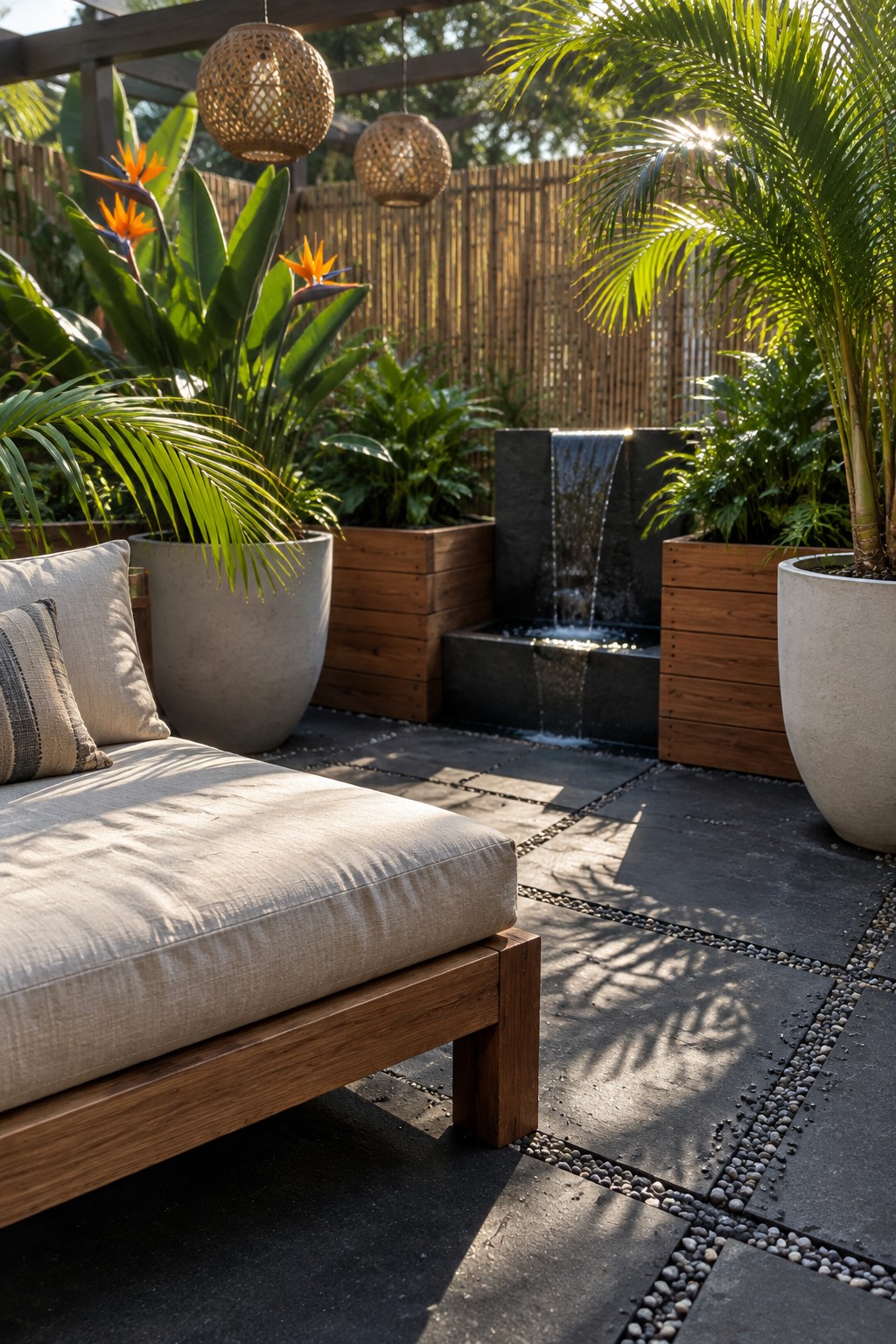 A patio with wooden raised planter boxes, tropical plants, a dark stone fountain, and a cushioned wooden bench.