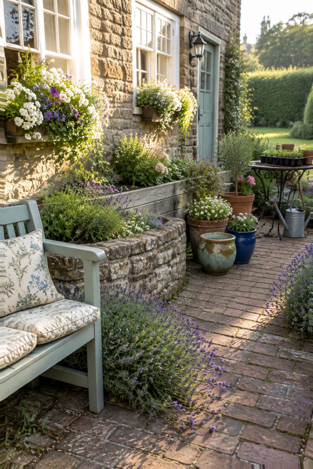 Flower-filled window boxes sit on the stone wall above a brick patio with a raised bed, potted plants, and a pale blue garden chair.