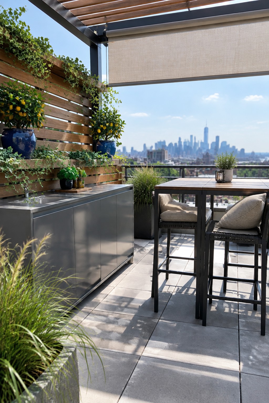 A rooftop patio has a beige retractable screen mounted to a dark pergola, with a slatted wooden plant wall and outdoor dining furniture.