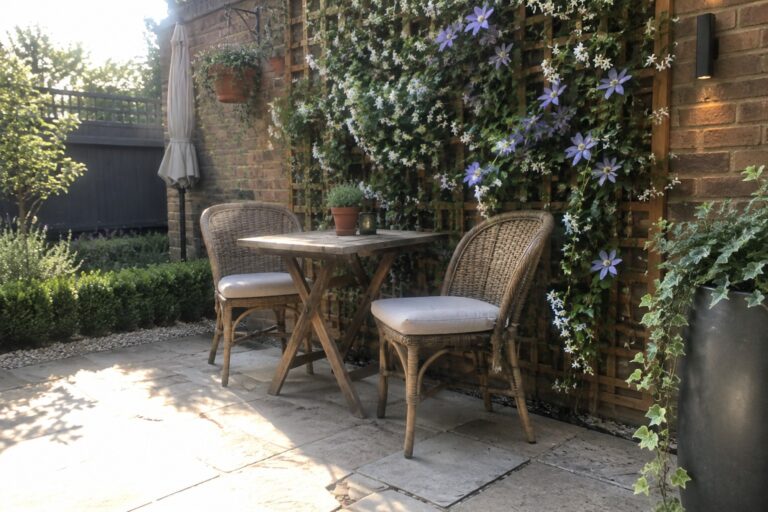 21 Creative Patio Garden Trellis Ideas for Vertical Plants and Privacy A wooden trellis covered in flowering vines stands beside a small stone patio with a round table and wicker chairs.