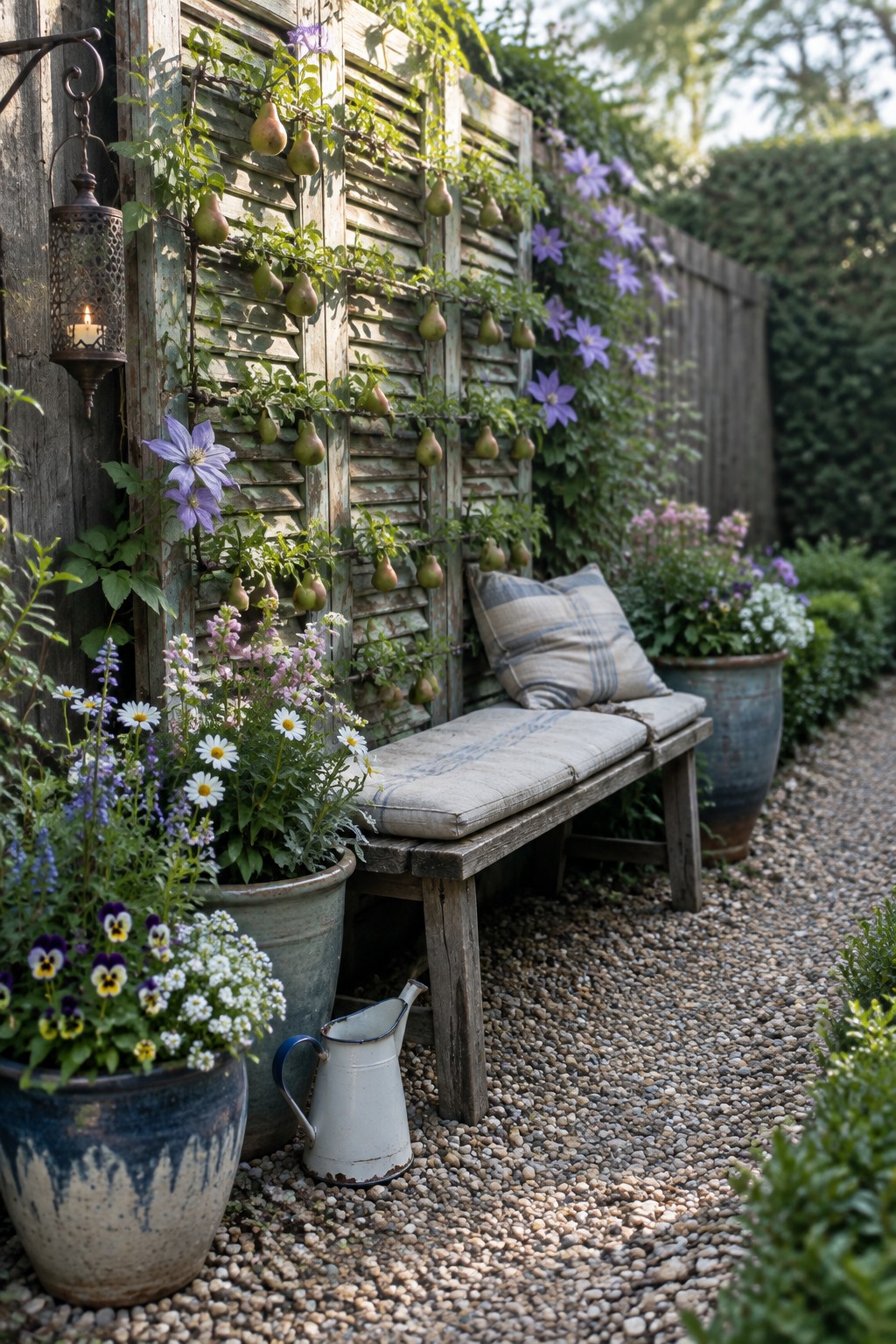 A wooden garden trellis covered with leafy vines and small pear-shaped fruits stands behind a cushioned bench on a gravel path.