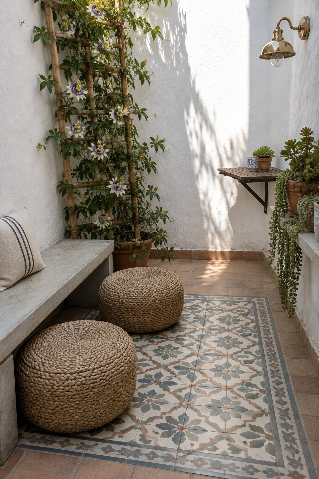 A passionflower vine climbs a wooden trellis on a white patio wall beside a stone bench and woven stools.