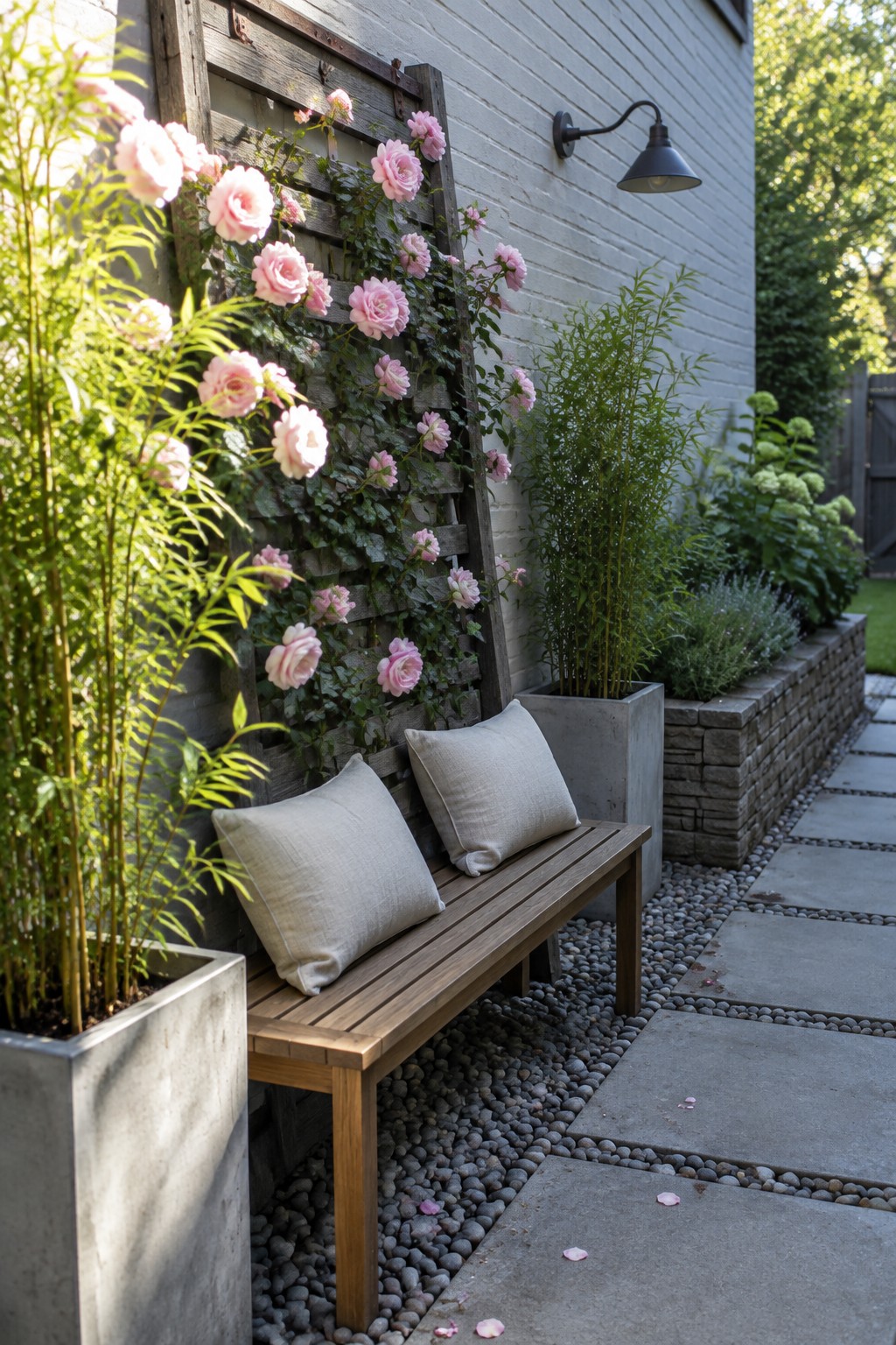 A wooden trellis covered with pink roses stands behind a wooden bench on a narrow patio beside a white brick wall.