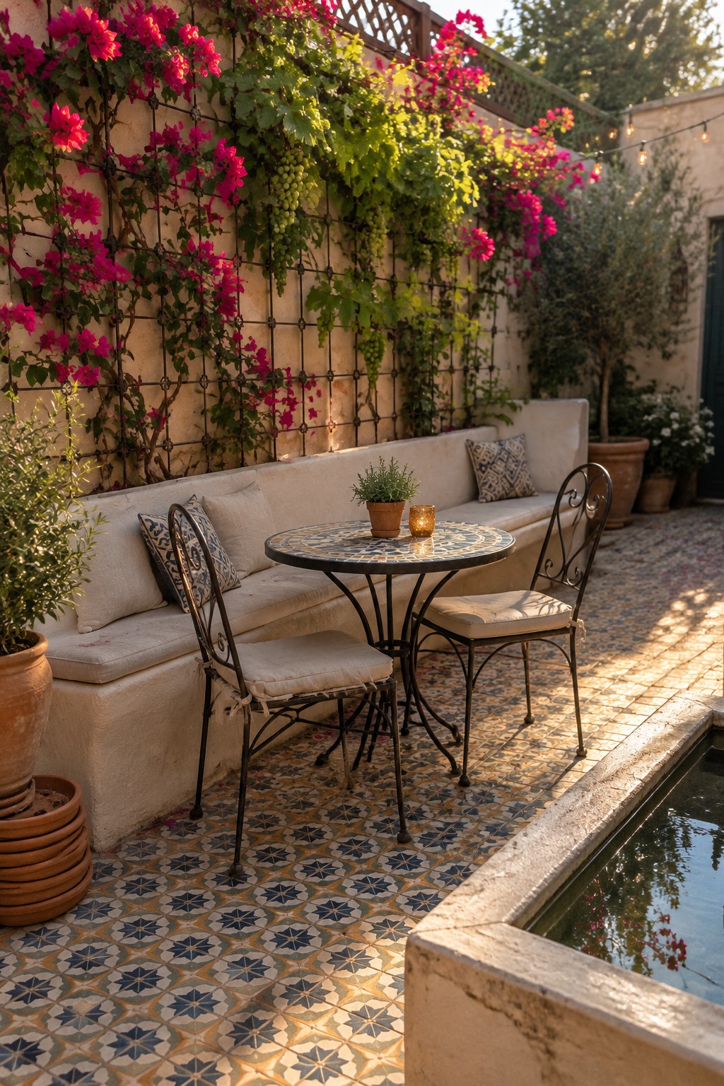 A courtyard patio with flowering vines and grape leaves growing on a wall trellis above a built-in bench, patterned tile flooring, and a small table beside a reflecting pool.