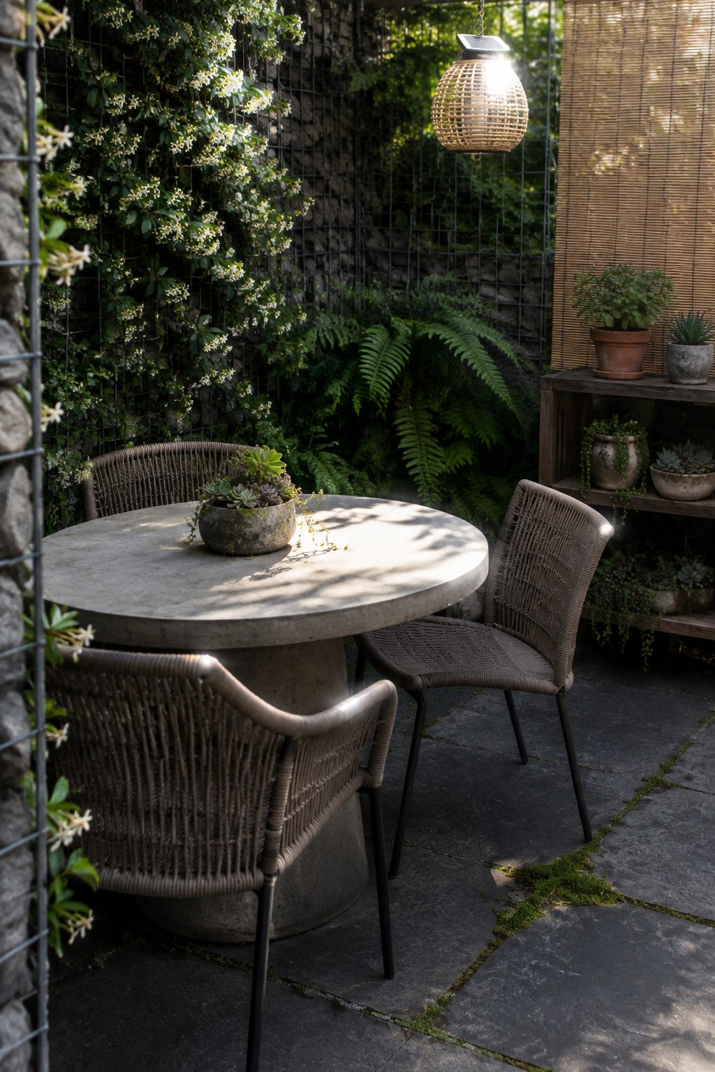 A round stone patio table and woven chairs sit beside a wire trellis covered in flowering vines.