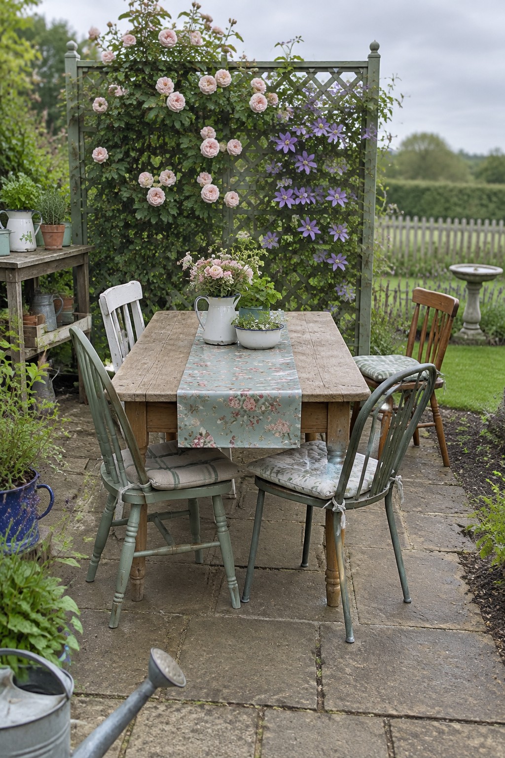 A wooden patio table and chairs sit in front of a lattice trellis covered with pink roses and purple clematis.