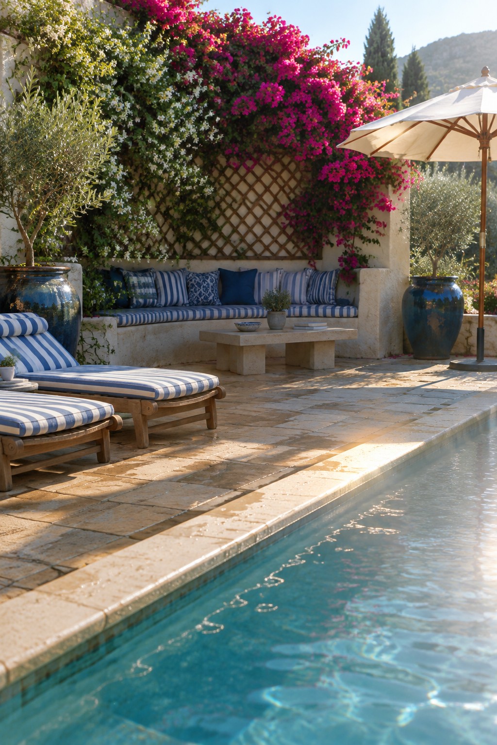 A stone patio with blue-and-white seating beside a wooden lattice trellis covered in white and pink flowers.