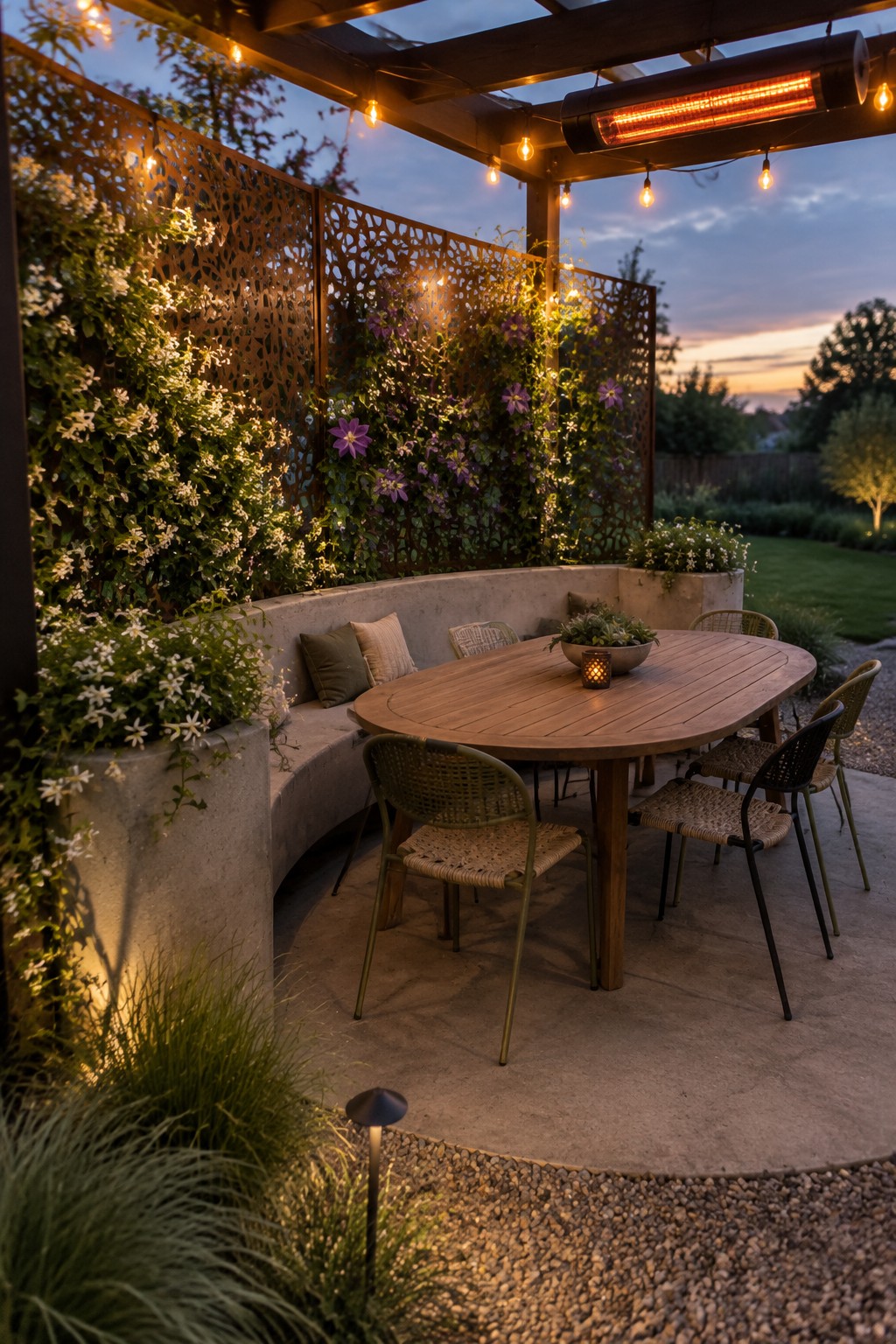 An outdoor dining table sits beside a tall metal trellis covered in flowering vines.