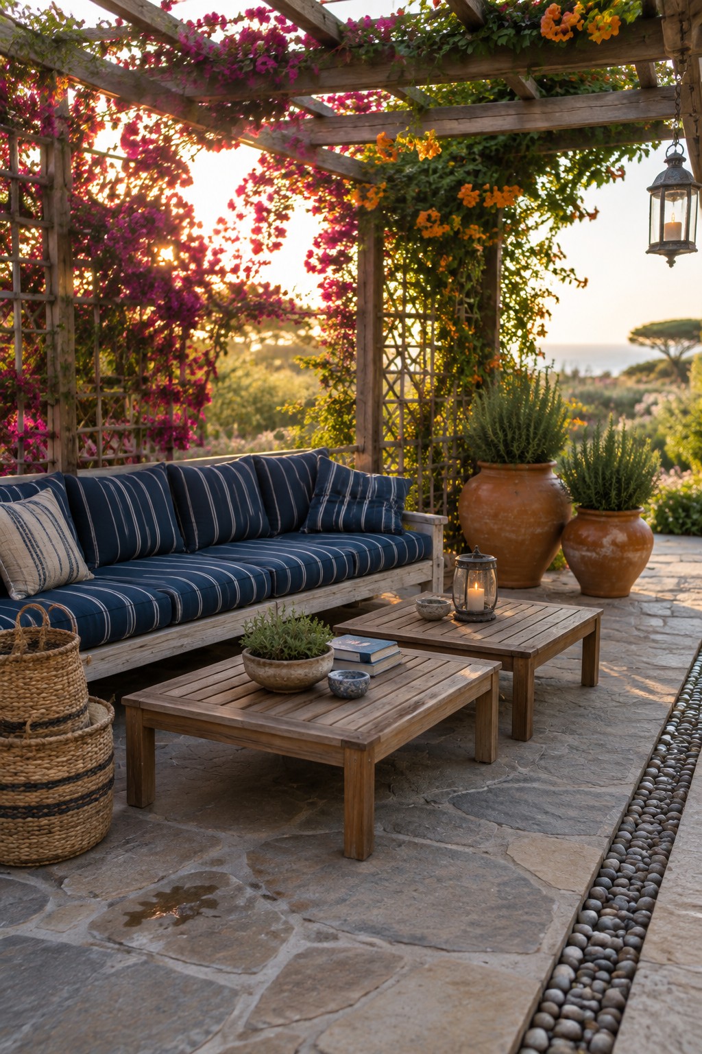 A wooden pergola covered with flowering vines shades a patio seating area with a blue striped sofa and wooden tables.