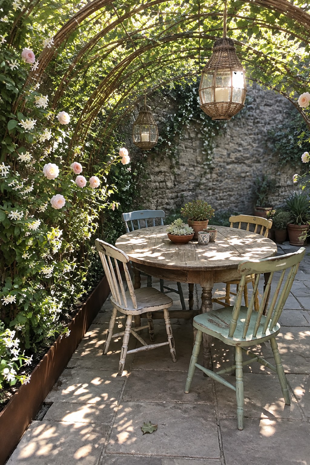A round wooden dining table and painted chairs sit beneath a rose-covered garden trellis with hanging lanterns.