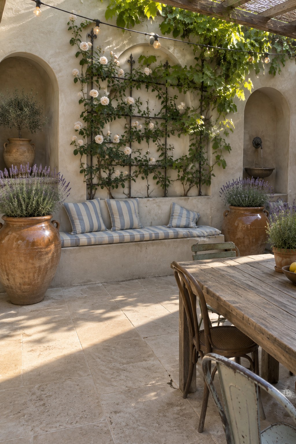 A stone patio has a wall-mounted trellis covered in climbing roses and vines behind a built-in bench.