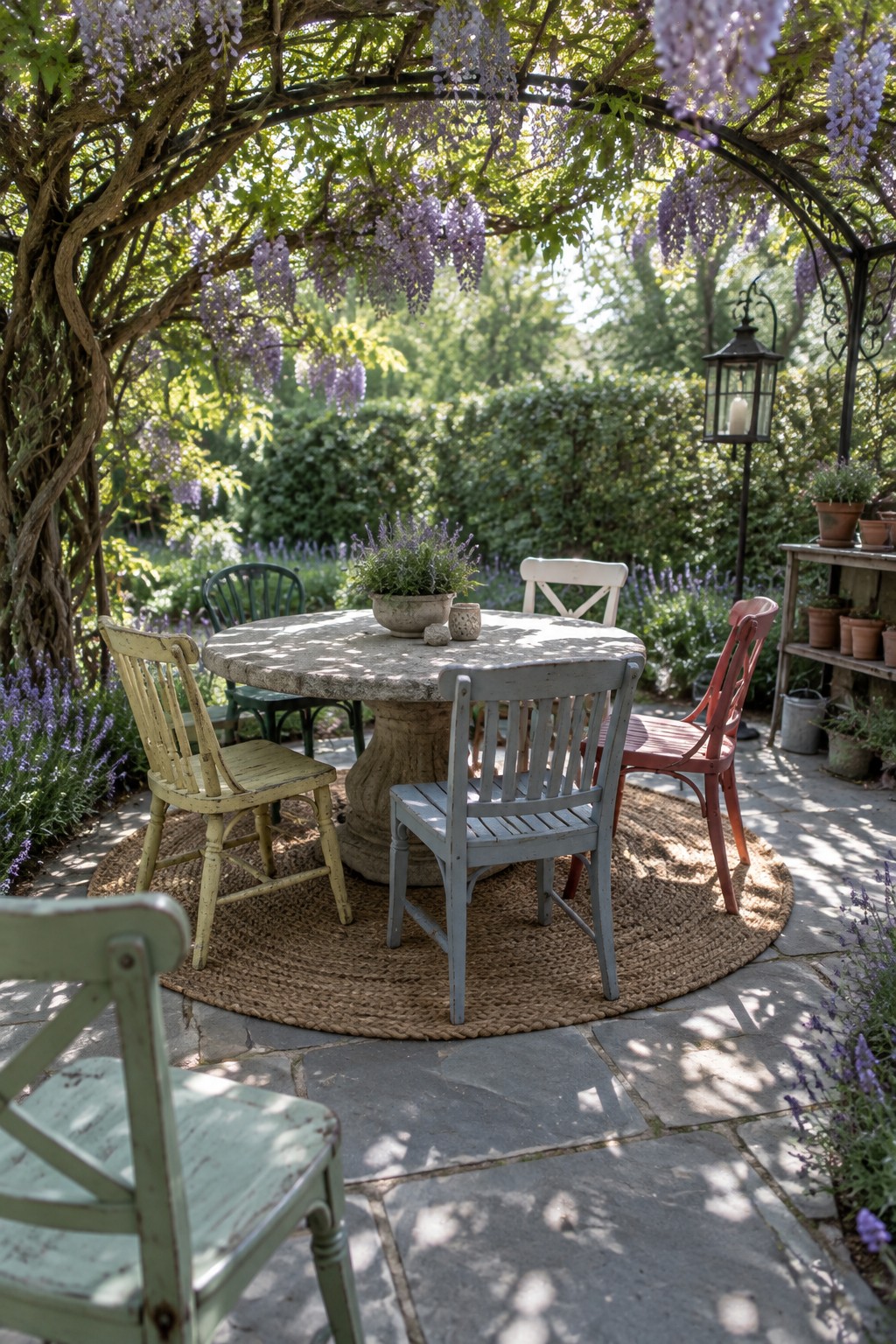 A round patio table and colorful chairs sit beneath a leafy trellis covered with hanging purple flowers.