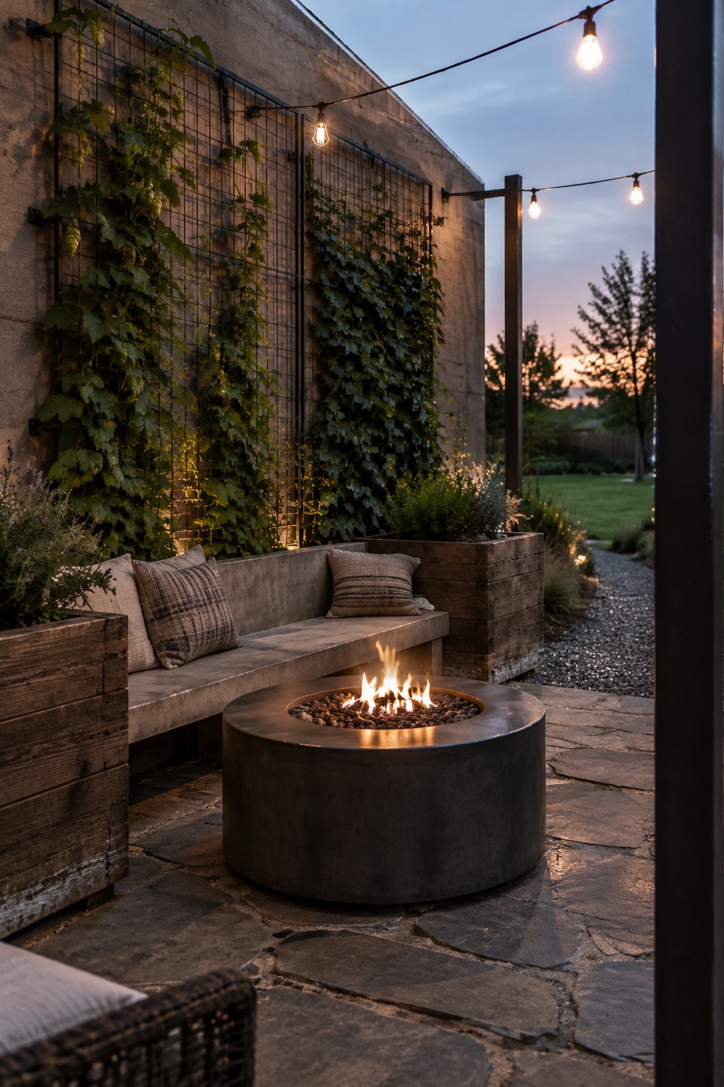 Climbing vines grow on black trellises attached to a concrete patio wall beside a built-in bench and round fire pit.