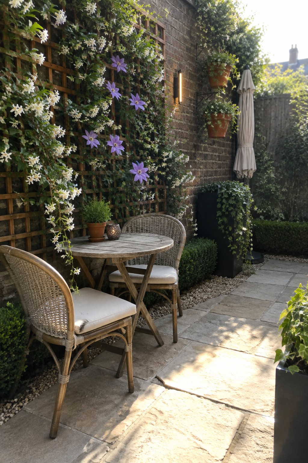 A wooden trellis covered in flowering vines stands beside a small stone patio with a round table and wicker chairs.